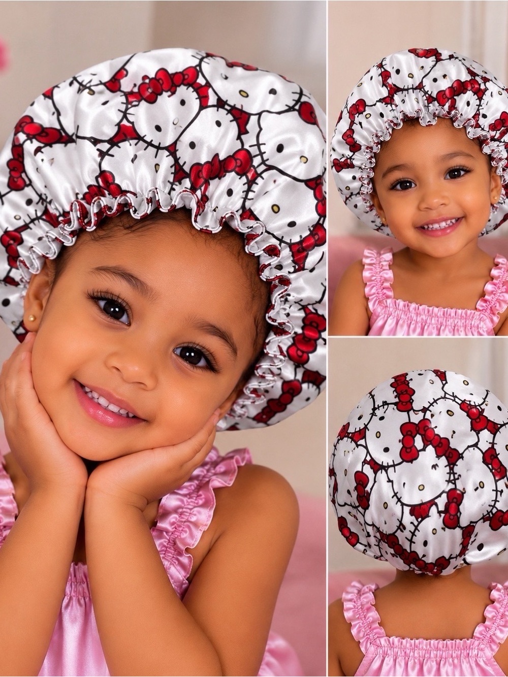 Hello Kitty White Satin Cap with Red Bow Print to sleep